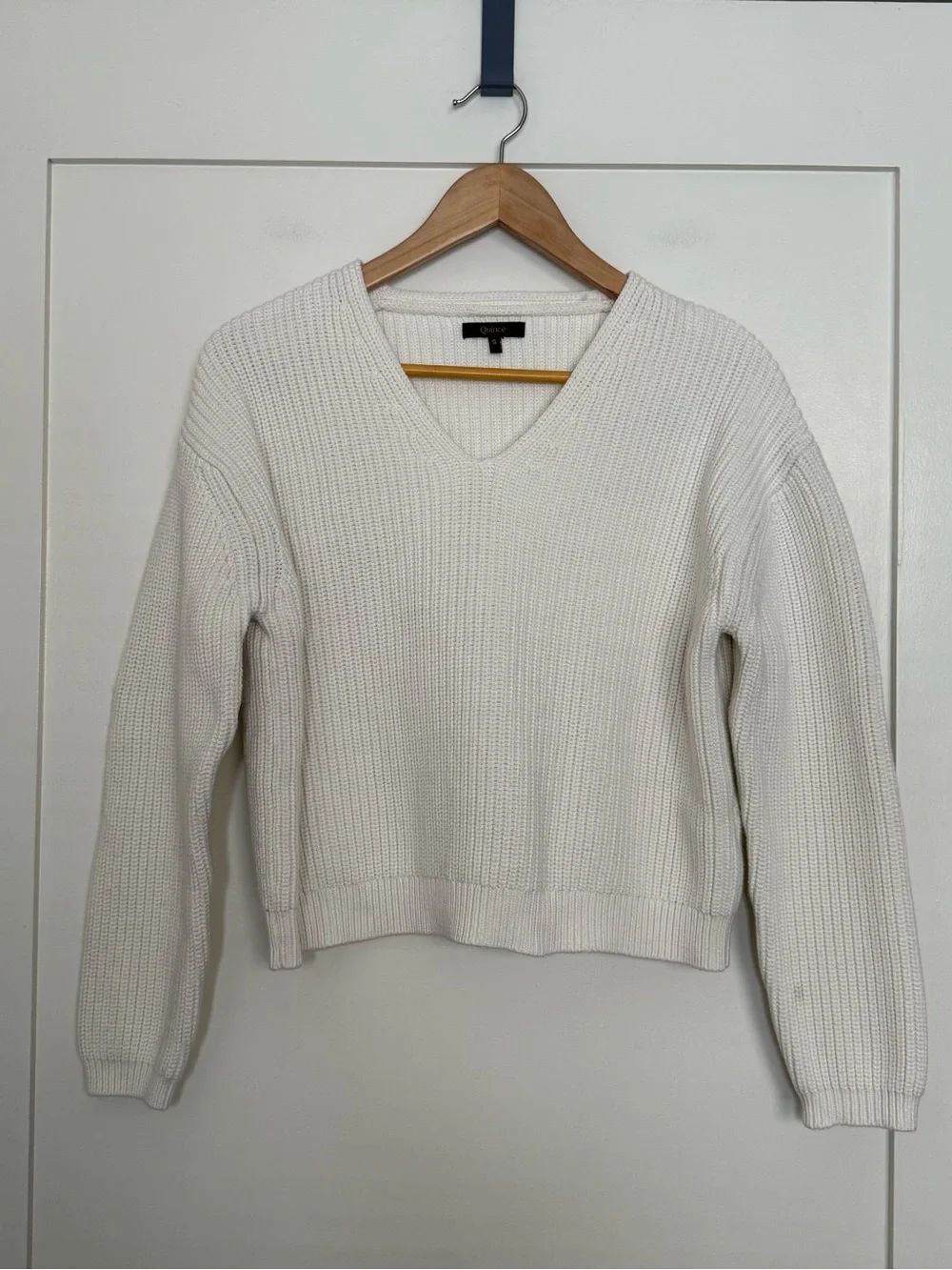 Quince Sweater Womens Sz S Ivory 100% Organic Cotton V Neck Relaxed Fisherman